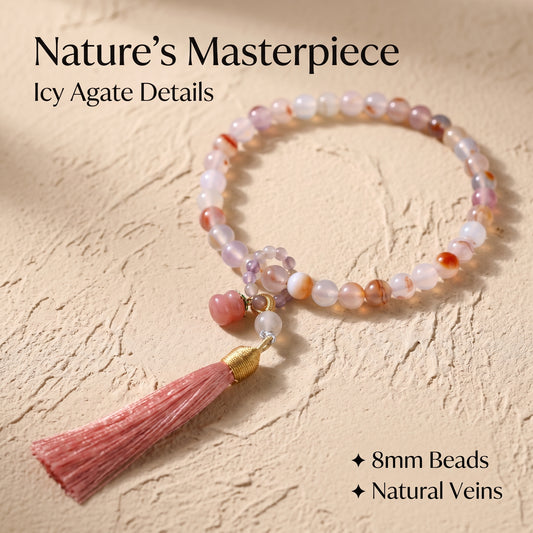 Icy Agate Mala Style Bracelet for Women, Natural Stone Bead Wrist Jewelry with Polished Beads, Natural Polished Style for Daily Outfits, Meditation, Layering, and Gift Styling