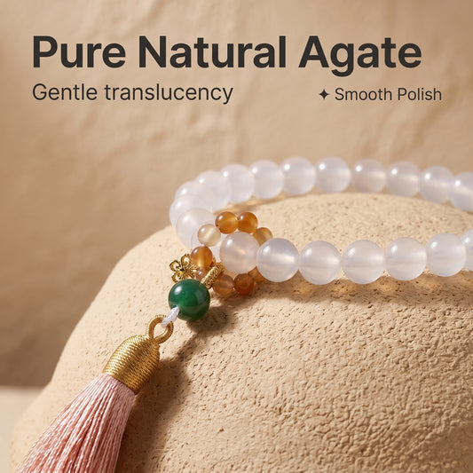 White Agate Mala Style Bracelet for Women, Natural Stone Bead Wrist Jewelry with Polished Beads, Soft Neutral Style for Daily Outfits, Meditation, Layering, and Gift Styling