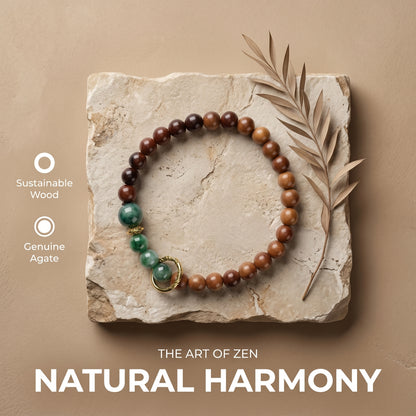 Sandalwood and Agate Beaded Bracelet for Men and Women, Natural Wood and Stone Wrist Jewelry with Polished Beads, Earthy Minimalist Style for Daily Outfits, Meditation, Layering, and Gift Styling