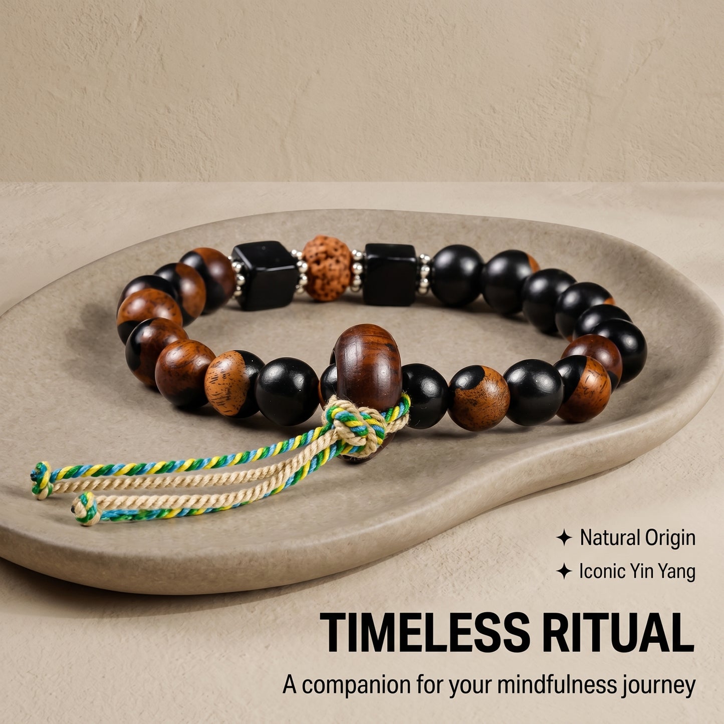 Yin Yang Sandalwood Beaded Bracelet for Men and Women, Natural Wood Bead Wrist Jewelry with Polished Beads, Earthy Minimalist Style for Daily Outfits, Meditation, Layering, and Gift Styling