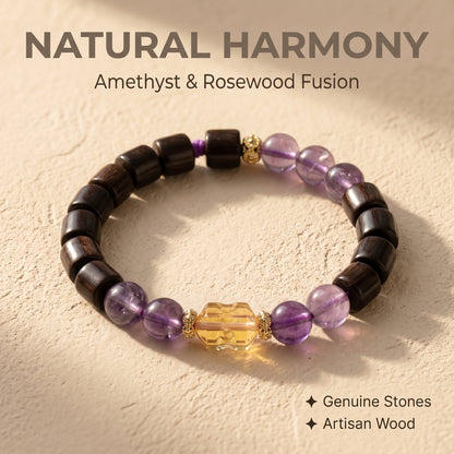 Amethyst and Rosewood Beaded Bracelet for Men and Women, Natural Wood and Stone Wrist Jewelry with Polished Beads, Serene Violet Style for Daily Outfits, Meditation, Layering, and Gift Styling