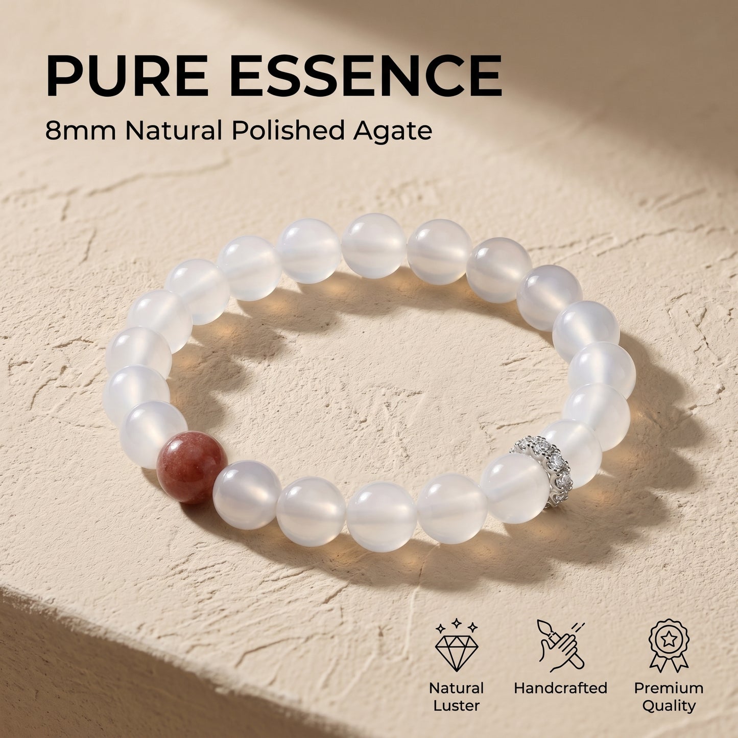 White Agate Beaded Bracelet for Women, Natural Stone Bead Wrist Jewelry with Polished Beads, Soft Neutral Style for Daily Outfits, Meditation, Layering, and Gift Styling